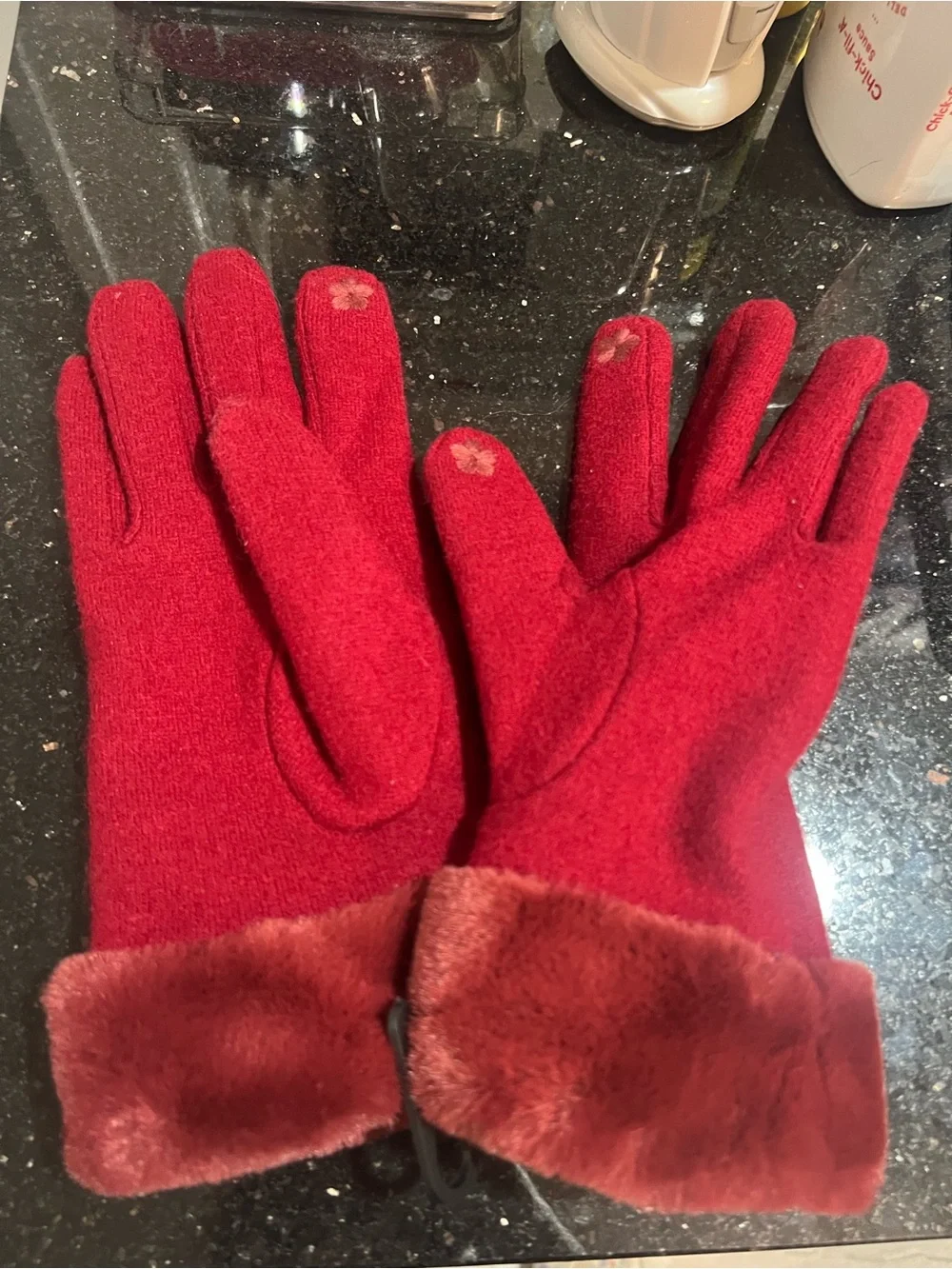 Red Faux-Fur Cuff Touchscreen Women's Winter Gloves